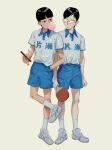  2boys ball black_hair blowing_bubbles blue_shorts chewing_gum closed_mouth collared_shirt full_body glasses green_background grey_footwear hand_in_pocket highres holding holding_paddle hoshino_yutaka looking_at_another male_focus multiple_boys paddle ping_pong_(manga) shirt shoes short_hair short_sleeves shorts simple_background sneakers socks table_tennis_ball table_tennis_paddle tada_(anuanu134) tsukimoto_makoto white_shirt white_socks 