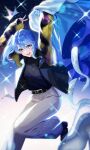  1girl :d absurdres arms_up belt bibideba_(hololive) black_belt black_shirt blue_dress blue_eyes blue_hair blurry casual depth_of_field dress floating_hair fur_jacket fuyuki_(neigedhiver) glass_slipper gloves highres hololive hoshimachi_suisei jacket jewelry looking_at_viewer necklace night night_sky open_mouth pants shirt shoes side_ponytail sky smile solo sparkle star_(symbol) star_in_eye symbol_in_eye tiara unworn_dress unworn_gloves unworn_shoes v virtual_youtuber white_pants 