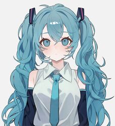  1girl absurdres aqua_eyes aqua_hair aqua_necktie bare_shoulders black_sleeves breasts closed_mouth collared_shirt detached_sleeves expressionless hair_between_eyes hair_ornament haru_(ririne9999rine) hashtag-only_commentary hatsune_miku highres large_breasts light_blush long_hair looking_at_viewer messy_hair necktie shirt sidelocks simple_background sleeveless sleeveless_shirt solo straight-on twintails very_long_hair vocaloid wavy_hair white_background white_shirt 