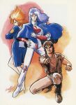  1980s_(style) 1984_(year) 1girl blue_hair brown_hair cape character_request dated gloves highres juusenki_l-gaim kitazume_hiroyuki kneeling long_hair looking_at_viewer official_art orange_hair pointing pointing_at_viewer production_art promotional_art retro_artstyle scan science_fiction signature traditional_media uniform vest 