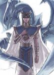  1boy blue-eyes_white_dragon cape dragon egyptian_clothes gold_trim kaiba_seto millennium_puzzle priest tan white_background white_cape yu-gi-oh! 