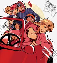  1girl 6+boys absurdres artist_name black_hair blonde_hair bob_cut braid braided_ponytail bruno_bucciarati car cleavage_cutout clothing_cutout commentary_request derivative_work driving earrings giorno_giovanna green_eyes grey_hair guido_mista hairband hat highres huyandere jewelry jojo_no_kimyou_na_bouken leone_abbacchio lipstick long_hair makeup motor_vehicle multiple_boys narancia_ghirga orange_hairband pannacotta_fugo pectoral_cleavage pectorals pink_hair reference_inset signature single_braid solid_circle_eyes sparkling_aura stud_earrings sweatdrop trish_una v vento_aureo very_long_hair 