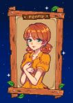 1girl breasts commentary dress earrings english_commentary green_eyes highres jewelry leaf medium_breasts medium_hair mimpish orange_dress orange_hair penny_(stardew_valley) pixel_art puffy_sleeves solo star_(sky) stardew_valley twintails upper_body