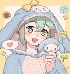  1boy absurdres alternate_costume aoiro_arts artist_name basil_(headspace)_(omori) basil_(omori) blush cinnamoroll green_eyes green_hair heart highres long_sleeves omori open_mouth pajamas sanrio short_hair smile solo speech_bubble spoken_heart 