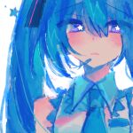  1girl blue_hair blue_necktie blush collared_shirt faux_traditional_media hair_between_eyes hair_ornament hatsune_miku highres long_hair looking_to_the_side necktie parted_lips shirt simple_background solo star-shaped_pupils star_(symbol) symbol-shaped_pupils twintails unagizaka_gohan upper_body violet_eyes vocaloid white_background 