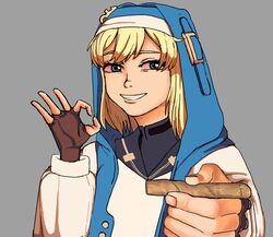  1girl absurdres androgyne_symbol blonde_hair bloodshot_eyes bridget_(guilty_gear) commentary english_commentary female_focus fingerless_gloves gloves grey_background grey_eyes grin guilty_gear guilty_gear_strive highres holding hood hooded_jacket jacket marijuana medium_hair ok_sign smile solo toasty_rolls 