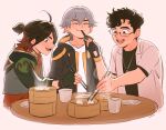  3boys absurdres ahoge baozi black-framed_eyewear black_gloves black_hair black_jacket black_shirt blush bowl brown_eyes brown_hair caelus_(honkai:_star_rail) chalseu choker chopsticks closed_eyes closed_mouth collared_shirt company_connection crossover cup eating english_commentary fang fingerless_gloves food gaming_(genshin_impact) genshin_impact glasses gloves gold_choker grey_hair grey_hoodie hair_between_eyes hand_up highres holding holding_chopsticks honkai:_star_rail honkai_(series) hood hooded_jacket hoodie jacket jewelry long_sleeves looking_at_food male_focus mihoyo multicolored_hair multiple_boys necklace open_clothes open_jacket open_mouth open_shirt orange_jacket original plate ponytail red_shirt semi-rimless_eyewear shirt short_hair short_ponytail short_sleeves simple_background sitting smile standing steam t-shirt table teeth tongue trailblazer_(honkai:_star_rail) two-sided_fabric two-sided_jacket two-tone_hair white_background white_shirt 