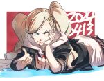  1girl 2024 :p blonde_hair blue_eyes border commentary dated hair_ornament hairclip hood hoodie kuga_hotaru long_hair lying on_stomach one_eye_closed outside_border parted_bangs persona persona_5 red_background simple_background solo swept_bangs takamaki_anne tongue tongue_out twintails white_border white_hoodie 