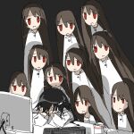  6+girls black_background black_hair brown_hair clone closed_mouth cup fish_hair_ornament hair_ornament hands_on_own_face highres keyboard_(computer) long_hair monitor multiple_girls original red_eyes simple_background tsukumizu_yuu upper_body very_long_hair 