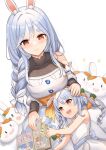  2girls animal_ear_fluff animal_ears apron blue_hair book braid braided_ponytail breasts carrot carrot_hair_ornament doll dress food-themed_hair_ornament hair_ornament highres hololive housewife light_blush light_smile long_hair mother_and_daughter multiple_girls pekomama rabbit-shaped_pupils rabbit_ears rabbit_girl ribbon short_eyebrows smile symbol-shaped_pupils thick_eyebrows usada_pekora virtual_youtuber white_apron white_hair yellow_ribbon yougenko 