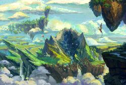  above_clouds absurdres blue_sky cliff clouds commentary commission day dragon english_commentary fantasy floating_island highres landscape nimphradora no_humans original outdoors painterly scenery signature sky water waterfall 