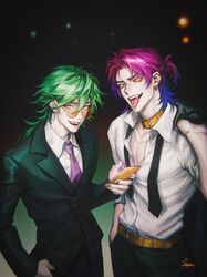  2boys arm_up belt black_jacket black_pants black_suit cellphone choker collar collared_jacket collared_shirt colored_sclera commentary cowboy_shot ear_piercing earrings english_commentary ezreal glasses gradient_background green_hair hair_between_eyes hand_in_pocket hand_on_own_hip heartsteel_ezreal heartsteel_kayn heterochromia highres holding holding_phone jacket jacket_over_shoulder jewelry kayn_(league_of_legends) league_of_legends looking_at_viewer male_focus multiple_boys multiple_earrings nail_polish necklace necktie open_clothes open_mouth open_shirt pants parted_bangs pectorals phone piercing purple_necktie red_sclera shirt short_hair_with_long_locks signature staryoruu suit suit_jacket teeth tinted_eyewear tongue tongue_out tongue_piercing undershirt unworn_jacket upper_teeth_only white_shirt yellow-tinted_eyewear yellow_belt yellow_choker 