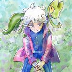  1boy bede_(pokemon) belt blue_jacket blue_pants bright_pupils buttons closed_mouth coat commentary curly_hair go-lurk highres jacket male_focus own_hands_together pants pink_coat pokemon pokemon_(creature) pokemon_on_back pokemon_swsh short_hair smile treecko violet_eyes white_hair white_pupils 