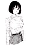  1girl bad_id bad_pixiv_id belt black_hair breasts chain closed_mouth dende_(dndn222) greyscale highres large_breasts long_belt long_sleeves looking_at_viewer midriff monochrome original pants scan scan_artifacts shirt short_hair solo standing sweater traditional_media turtleneck turtleneck_sweater 