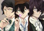  3boys absurdres animal animal_on_shoulder black_bow black_bowtie black_hair blue_necktie bow bowtie brown_eyes brown_hair brown_hat bungou_stray_dogs candy closed_mouth collared_shirt commentary_request edgar_allan_poe_(bungou_stray_dogs) edogawa_ranpo_(bungou_stray_dogs) food green_eyes green_jacket hair_between_eyes hair_over_one_eye hand_up hat highres holding holding_candy holding_food holding_lollipop jacket kanro_(3637_3637) lollipop long_sleeves looking_at_viewer male_focus multiple_boys mushitarou_oguri_(bungou_stray_dogs) neckerchief necktie raccoon shirt short_hair simple_background smile swept_bangs upper_body white_neckerchief white_shirt 
