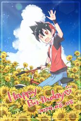  1boy :d arm_up bicycle black_hair black_wristband clouds commentary_request dated day flower happy_birthday hat holding male_focus open_mouth outdoors pants pokemon pokemon_adventures red_(pokemon) red_hat red_vest riding riding_bicycle shirt short_hair short_sleeves sky smile solo sunflower t-shirt vest yan_(sakura_mocchi) yellow_flower 