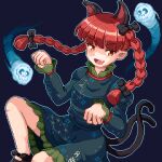  1girl :d animal_ears black_footwear blunt_bangs bow braid breasts cat_ears cat_tail commentary_request dress extra_ears fang feet_out_of_frame flaming_skull floating_skull frilled_dress frilled_sleeves frills green_dress hair_bow juliet_sleeves kaenbyou_rin long_hair long_sleeves multiple_tails open_mouth paw_pose pixel_art puffy_sleeves red_eyes redhead skin_fang skull small_breasts smile solo subterranean_animism tail toshi6786 touhou twin_braids two_tails v-shaped_eyebrows 