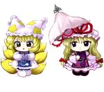  2girls absurdres animal_ears animal_hat blonde_hair blue_tabard blush_stickers bow chibi chibi_only closed_mouth dot_mouth dress fox_tail full_body hair_bow hands_in_opposite_sleeves hat hat_ribbon hat_tassel highres holding holding_umbrella long_hair long_sleeves looking_at_viewer medium_hair mob_cap multiple_girls multiple_tails open_mouth own_hands_together purple_tabard red_bow red_ribbon ribbon simple_background smile socks standing tabard tail touhou umbrella violet_eyes white_background white_dress white_socks yakumo_ran yakumo_yukari yakumora_n yellow_eyes zun_(style) 