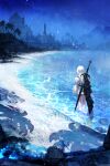  1girl beach building cape concept_art dress fantasy fm from_above from_behind highres kurasuta long_hair night night_sky official_art original outdoors palm_tree partially_submerged sand scenery shore sky sword sword_behind_back tree water weapon white_dress white_hair wide_sleeves 