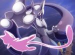  blue_eyes blue_sky closed_mouth clouds commentary_request cowboy_shot highres lets0020 mew_(pokemon) mewtwo no_humans pikachu pokemon pokemon_(creature) reaching reaching_towards_viewer sky v-shaped_eyes 