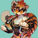  1girl animal_ears arknights blue_background chinese_clothes clenched_hands fighting_stance furry furry_female looking_at_viewer moonagvaze open_mouth orange-tinted_eyewear orange_eyes solo tail tassel tiger_ears tiger_girl tiger_tail tinted_eyewear upper_body waai_fu_(arknights) 