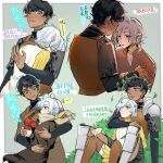  2boys aking4211 armor bags_under_eyes black_eyes black_hair blue_eyes boots bush chainmail chinese_text curly_hair dark-skinned_male dark_skin dungeon_meshi elf food fruit gorget grey_hair holding holding_food holding_fruit hug hug_from_behind kabru lazy_eye leaf leaning_on_person leather_armor long_sleeves male_focus mithrun multiple_boys multiple_views notched_ear pointy_ears short_hair sigh sitting sweatdrop thigh_boots tomato tunic uneven_eyes 