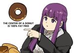  1girl black_coat blunt_bangs coat commentary doughnut dress english_text fern_(sousou_no_frieren) food long_hair long_sleeves open_clothes open_coat pointing purple_hair simple_background solo sousou_no_frieren tenten_(chan4545) upper_body violet_eyes white_background white_dress 