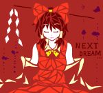  1girl bow brown_hair closed_eyes closed_mouth collared_shirt cowboy_shot detached_wings gohei hair_bow hair_tubes hakurei_reimu medium_hair red_background red_bow red_shirt red_skirt row_(akatuki) shirt simple_background skirt sleeveless sleeveless_shirt solo touhou wings 