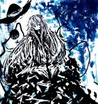  1girl abstract bad_id bad_pixiv_id bags_under_eyes blue_background dress hat highres komeiji_koishi long_hair long_sleeves monochrome no_nose open_mouth reverinth skirt smile solo third_eye touhou very_long_hair 