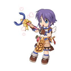  1girl :o blue_eyes blue_shirt blue_socks boots brown_footwear brown_gloves brown_shorts chibi chibi_only fingerless_gloves flat_chest full_body gloves heart holding holding_staff medium_bangs official_art open_mouth pommel_tassel purple_hair ragnarok_online scroll sheath sheathed shirt short_hair shorts simple_background sleeveless sleeveless_shirt socks solo staff super_novice_(ragnarok_online) sword tassel transparent_background turtleneck turtleneck_shirt two-tone_shirt weapon white_shirt white_wings wings yuichirou 