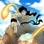  1boy blue_sky clenched_teeth clouds commentary cross_scar dougi dragon_ball dragon_ball_(classic) energy_ball english_commentary from_below highres jinjango male_focus motion_lines muscular muscular_male scar scar_across_eye scar_on_cheek scar_on_face sky solo squatting teeth veins wristband yamcha 