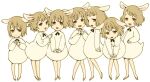  6+girls :&lt; animal_ears black_ribbon brown_footwear brown_hair closed_mouth commentary_request goat_ears goat_girl goat_tail hand_on_another&#039;s_shoulder hands_on_own_knees head_tilt interlocked_fingers leaning_forward lineup long_sleeves looking_at_viewer maruyama_kaoru multiple_girls neck_ribbon orange_eyes original own_hands_together personification pigeon-toed ribbon romper shoes short_hair shy simple_background smile standing the_wolf_and_the_seven_young_kids v_arms white_background 