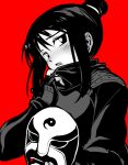  1girl black_hair blush from_side fullmetal_alchemist greyscale_with_colored_background hair_bun highres holding holding_mask lan_fan looking_at_viewer looking_to_the_side mask red_background sbql_(niaunclefan) sidelocks simple_background single_hair_bun solo upper_body 