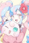  1girl :d aqua_eyes artist_name blue_hair blush earrings fairy_miku_(project_voltage) fingernails flower hair_flower hair_ornament hatsune_miku highres holding holding_pokemon jewelry jigglypuff light_blue_hair long_hair long_sleeves multicolored_eyes multicolored_hair nail_polish open_mouth pearl_earrings pearl_hair_ornament pink_eyes pink_hair pink_nails plum0o0 pokemon pokemon_(creature) project_voltage red_flower signature simple_background smile teeth twintails two-tone_eyes two-tone_hair upper_teeth_only vocaloid yellow_background yellow_flower 