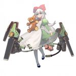  1girl :&gt; animal_ears apron aqua_eyes arrow_print artist_request back_ribbon bear_ears black_bow black_bowtie blonde_hair bow bowtie cable collar cosplay dress evelyn_(final_gear) final_gear frilled_apron frilled_collar frilled_sleeves frills green_dress green_sleeves hair_bow holding holding_stuffed_toy iris_chateaubriand iris_chateaubriand_(cosplay) jean-paul juliet_sleeves layered_dress leg_up light_blush light_particles long_hair long_sleeves looking_at_viewer mary_janes mecha_musume neck_ribbon official_art parted_bangs pink_bow pink_ribbon puffy_sleeves ribbon sakura_taisen shoes sidelocks simple_background solo standing standing_on_one_leg stuffed_animal stuffed_toy tachi-e teddy_bear thigh-highs third-party_source transparent_background very_long_hair white_collar white_hair white_ribbon white_thighhighs 