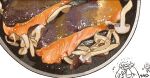  1boy 1girl fish_(food) food food_focus kawanabe meat mushroom original plate salmon white_background 