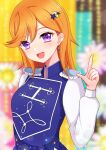  1girl blurry blurry_background commentary_request earrings epaulettes hair_ornament highres jewelry long_sleeves looking_at_viewer love_live! love_live!_superstar!! medium_hair open_mouth orange_hair pointing pointing_up shibuya_kanon sikamiya sing!_shine!_smile! solo standing star_(symbol) star_hair_ornament upper_body violet_eyes 