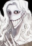  1boy angel black_eyes blonde_hair dark_background evil_grin evil_smile fallen_angel fingernails gabriel_(mandela_catalogue) grey_nails grin highres horror_(theme) long_hair looking_at_viewer mandela_catalogue open_mouth robe rzkudan smile solo white_robe 