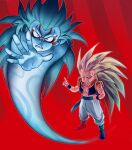 2boys amachu_a blonde_hair commentary_request dragon_ball dragon_ball_z frown ghost gotenks green_eyes grin hand_on_own_hip highres long_hair male_focus metamoran_vest multiple_boys muscular muscular_male no_eyebrows pants pointing smile super_ghost_kamikaze_attack super_saiyan super_saiyan_3 very_long_hair white_pants 