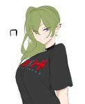  1girl blush breasts green_hair highres icoo looking_at_viewer ponytail shirt smile sousou_no_frieren t-shirt ubel_(sousou_no_frieren) violet_eyes white_background 