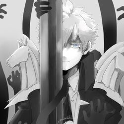  1boy atomic15 blue_eyes charles-henri_sanson_(fate) closed_mouth coat collared_shirt fate/grand_order fate_(series) hair_between_eyes looking_at_viewer male_focus monochrome necktie one_eye_covered shirt short_hair signature slit_pupils solo spot_color upper_body 