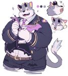  !? 1boy ^^^ absurdres animal_ears bat_wings belphegor_(housamo) belt book closed_eyes color_guide cropped_legs demon_horns dog_boy dog_ears dog_tail fat furry furry_male gold_trim headpat highres holding holding_book holding_pen horns inset jacket looking_at_viewer male_focus necktie o_o open_mouth pen pink_necktie sharp_teeth shirt simple_background sketch solo sparkle tail teeth thick_eyebrows tokyo_afterschool_summoners tongue tongue_out vest white_background white_shirt wings yed_(yedsilent) 