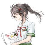  1girl :d animal brown_eyes brown_hair cat collared_shirt commentary_request daijin_(suzume) floating_hair hair_ornament hairclip higu_(higuhiro2001) holding holding_animal holding_cat iwato_suzume light_blush long_hair looking_at_viewer neck_ribbon open_mouth ponytail red_ribbon ribbon shirt short_sleeves simple_background smile solo suzume_no_tojimari white_background white_cat white_shirt wing_collar x_hair_ornament 