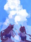  2girls animal_ears brown_hair clouds day food from_behind highres holding holding_food holding_popsicle horse_ears horse_girl horse_tail jupo_(nnmn_7737) long_hair multiple_girls open_mouth outdoors outstretched_arm ponytail popsicle purple_shirt sailor_collar school_uniform shirt short_sleeves sitting skirt smile symboli_rudolf_(umamusume) tail tail_through_clothes tokai_teio_(umamusume) tracen_school_uniform umamusume white_skirt 