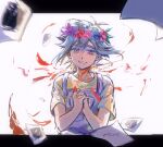  1boy basil_(headspace)_(omori) basil_(omori) blood blue_overalls flower green_eyes green_hair head_wreath highres omori overalls own_hands_clasped own_hands_together patient51311752 photo_(object) shirt short_hair short_sleeves solo upper_body yellow_shirt 