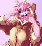  1girl absurdres artist_name ashido_mina black_sclera boku_no_hero_academia breasts claw_pose colored_sclera colored_skin fangs fingernails hhholic highres looking_at_viewer medium_breasts onesie orange_eyes pink_hair pink_skin purple_background sharp_fingernails short_hair smile solo tongue tongue_out upper_body white_nails 