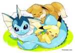  artist_name blue_eyes blue_skin brown_fur closed_eyes colored_skin eevee fins grass highres looking_at_viewer lying no_humans open_mouth pikachu pokemon pokemon_(creature) rorosuke simple_background sleeping smile spikes two-tone_fur vaporeon white_background white_fur yellow_fur 