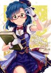  1girl adjusting_eyewear artist_name blue_dress blue_hair blue_hat book bow bowtie braid closed_mouth collared_shirt cowboy_shot dated dot_nose dress flying_paper frilled_gloves frills gloves happy_birthday holding holding_book hugging_book hugging_object idolmaster idolmaster_million_live! idolmaster_million_live!_theater_days ima_(lm_ew) jewelry key key_necklace light_smile nanao_yuriko necklace official_alternate_costume paper parted_bangs puffy_short_sleeves puffy_sleeves red-framed_eyewear semi-rimless_eyewear shirt short_hair short_sleeves sidelocks single_braid solo straight_hair white_gloves white_shirt yellow_eyes 