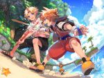  3boys :d ball beach black_shorts blitzball blonde_hair blue_sky brown_hair chain_necklace clouds cloudy_sky crown_necklace day fighting final_fantasy final_fantasy_x fingerless_gloves full-length_zipper gloves holding holding_ball holding_sword holding_weapon island jacket jewelry kingdom_hearts looking_at_another male_focus multiple_boys necklace ocean open_clothes open_jacket open_mouth orange_hair orange_pants osippo outdoors pants sand sandals shirt short_hair short_sleeves shorts sky sleeveless sleeveless_shirt smile sora_(kingdom_hearts) spiky_hair starfish sword tidus tree wakka water waterfall weapon white_gloves white_jacket wide_sleeves wooden_sword yellow_footwear yellow_shirt zipper zipper_pull_tab 