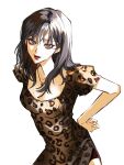  1girl aespa animal_print black_hair breasts dress hand_on_own_hip highres jewelry k-pop leopard_print looking_at_viewer medium_hair mole mole_on_breast murenzi necklace open_mouth real_life shorts_under_dress smile solo white_background winter_(aespa) 